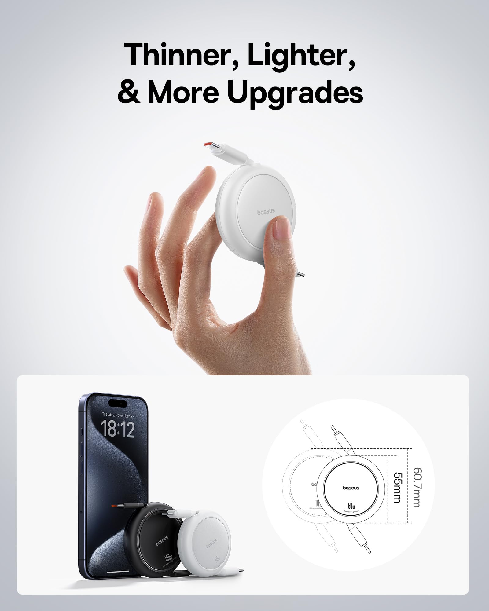 Baseus Cavo USB C 60W PD 5A QC 4.0 Mini Retrattile Ricarica Rapida C a C 4 Livelli Preimpostati Per iPhone 15, Samsung iPad, Facile da Conservare, Portatile