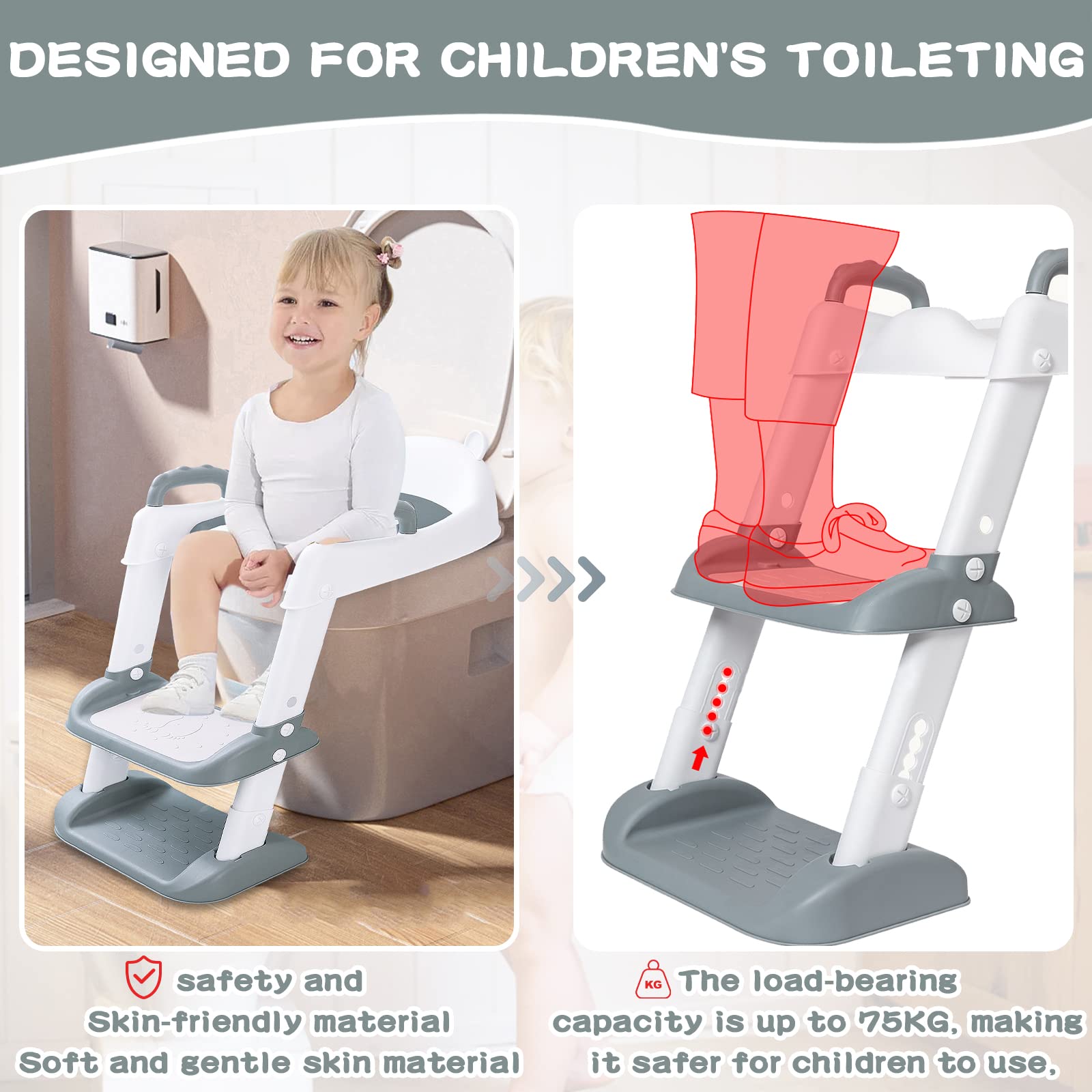 Réducteur Toilette Enfant avec Escalier,WC, Siège avec PU Coussin Moelleux,Robuste, Pliable et Réglable,Adapté aux Toilettes en Forme de V, U, O
