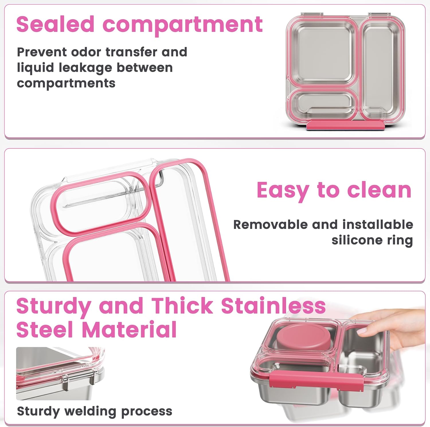 Stainless Steel Bento Box Kids Adult with 7oz Soup Thermo, Transparent Lid 3 Compartments Metal Bento Lunch Box with Insulated Food Jar,Lunch Box Container Sauce Cup for School,BPA-Free(Pink) - Image 6