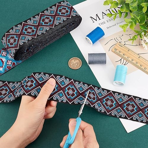 Miniatura 4 de PH PandaHall Cinta de jacquard azul de 7.66 yardas, 1-78 pulgadas1.9 in, cinta tejida floral embridada, tela bohemia, cinta de coser étnica jacquard