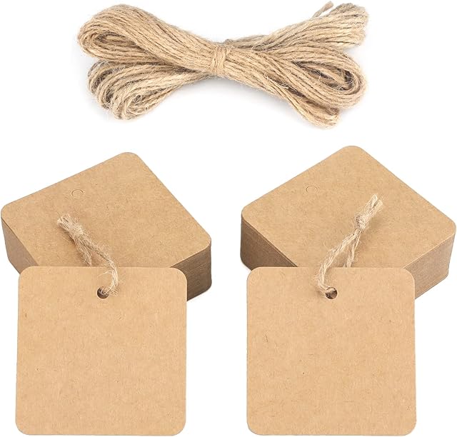 jijAcraft 5.5CM Kraft Paper Gift Tags, 100PCS Brown Square Tags with 20M Jute Twine for Crafts