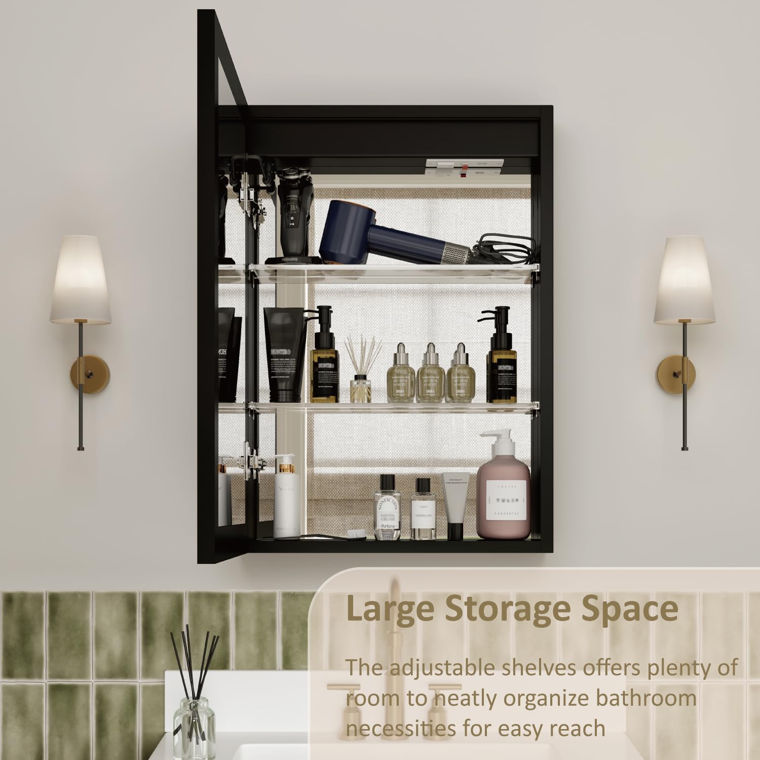 14x24 Inch Medicine Cabinet with Lights, Recessed or Surface Mount Bathroom LED Medicine Cabinet with Mirror, Anti-Fog, Adjustable Shelf, Dimmable Light, Outlets & USB,ETL Listed, Left Hinge,Black