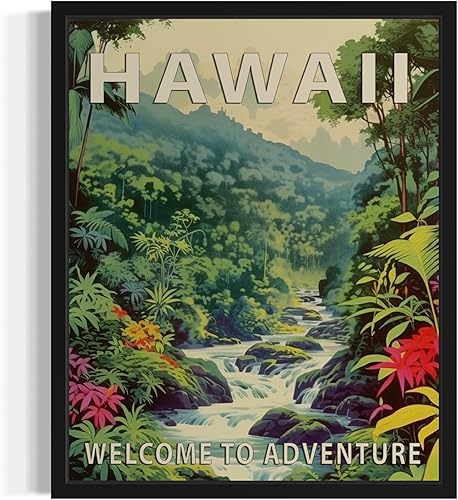 Póster artístico del paisaje del estado de Hawái, decoración artística de paisaje retro de los estados, pintura de montaña y paisaje de aventura