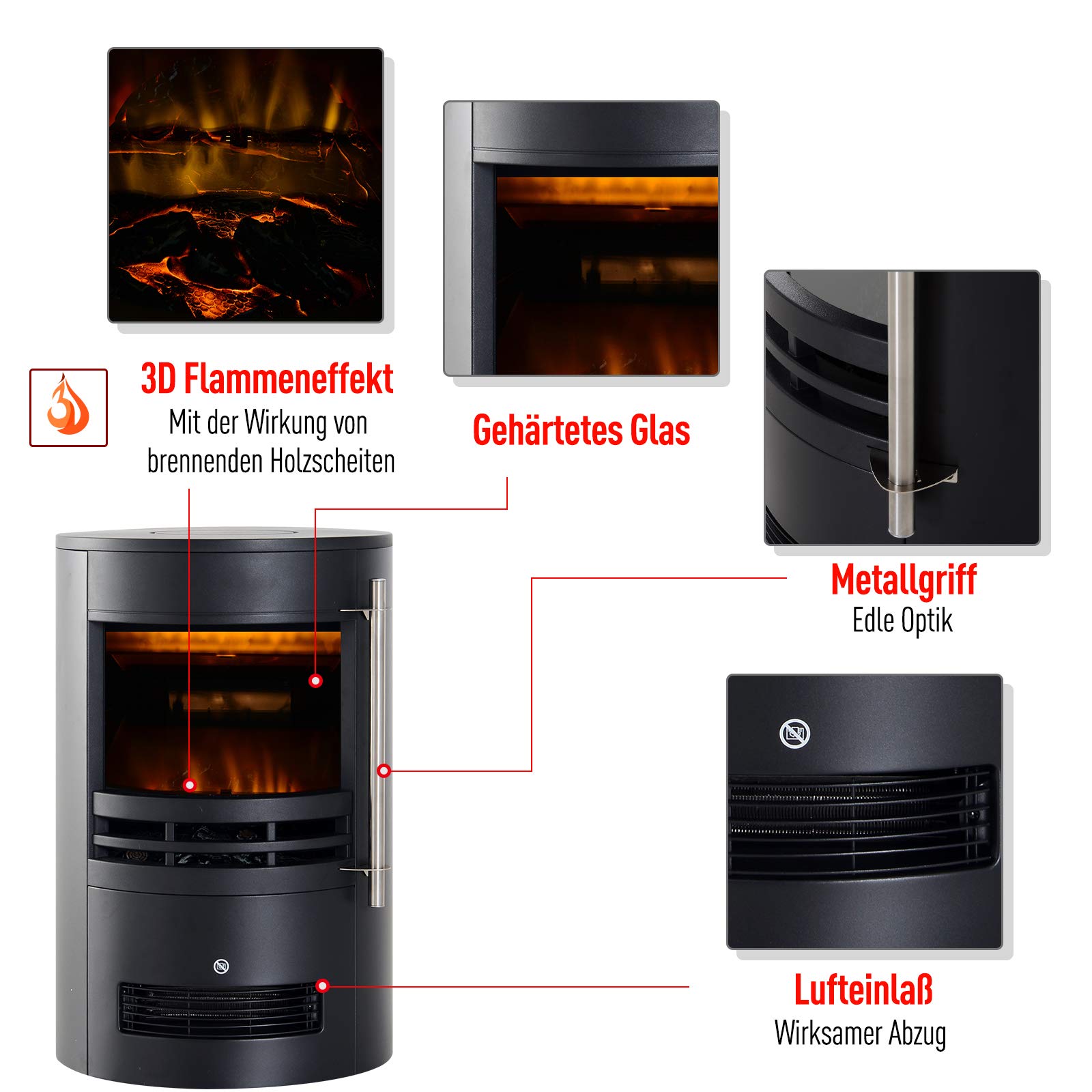 HOMCOM Elektrokamin mit Heizung Elektrischer Kamin 900/2000W Schwarz | Mit LED Flammeneffekt, Dekokamin, Elektrisch Kaminfeuer Kaminofen