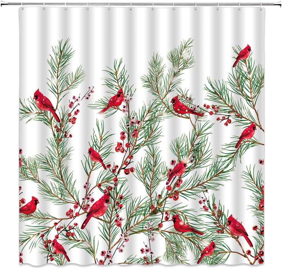 Winter Red Bird Shower Curtain Rustic Snowy Day Pine Tree Branch Xmas Bird Snowflake Berry Christmas Dreamy Holiday 180" Wx70 H Bathroom Decor Curtain with Hooks
