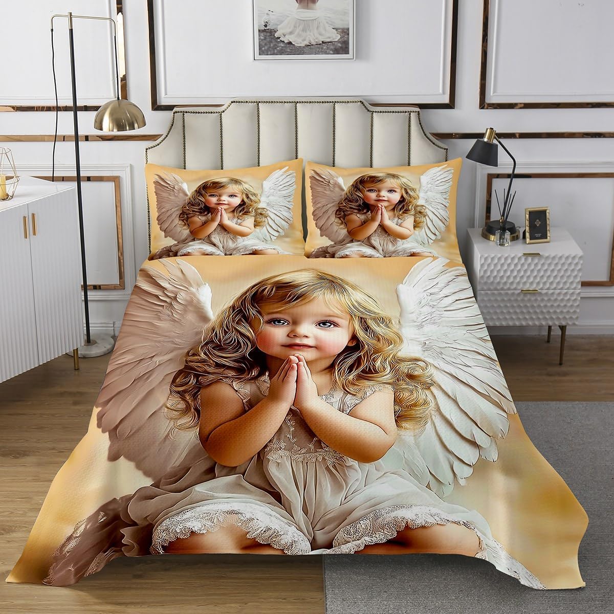 Erosebridal Guardian Angel Bedspread Set Ancient Mid Century Quilt Set Twin Size Western Vintage Roman Bedspread Sets Mystery Angel Halo Wings Coverlet Set with 1 Pillowcase