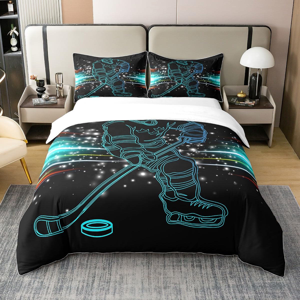Parure de lit 100% coton hockey sur glace 135x200 cm aux finitions soignées Loussiesd
