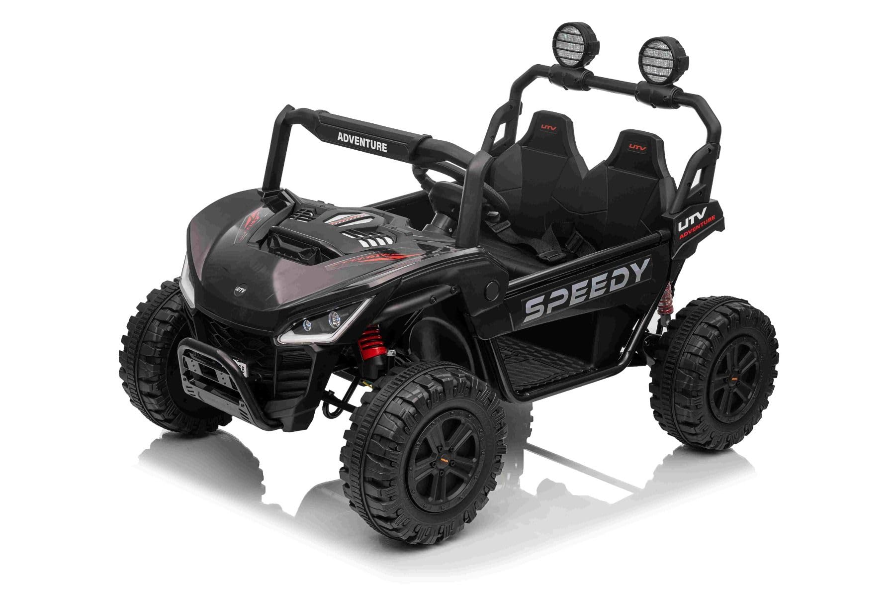 Elektryczny samochód dla dzieci T-Rex Ride 4x4, dwumiejscowy, 24V, czarny, odtwarzacz MP3 z wejściem USB/AUX, skrzynia biegów 4x4, bateria litowa, zawieszenie, pilot zdalnego sterowania, reflektory