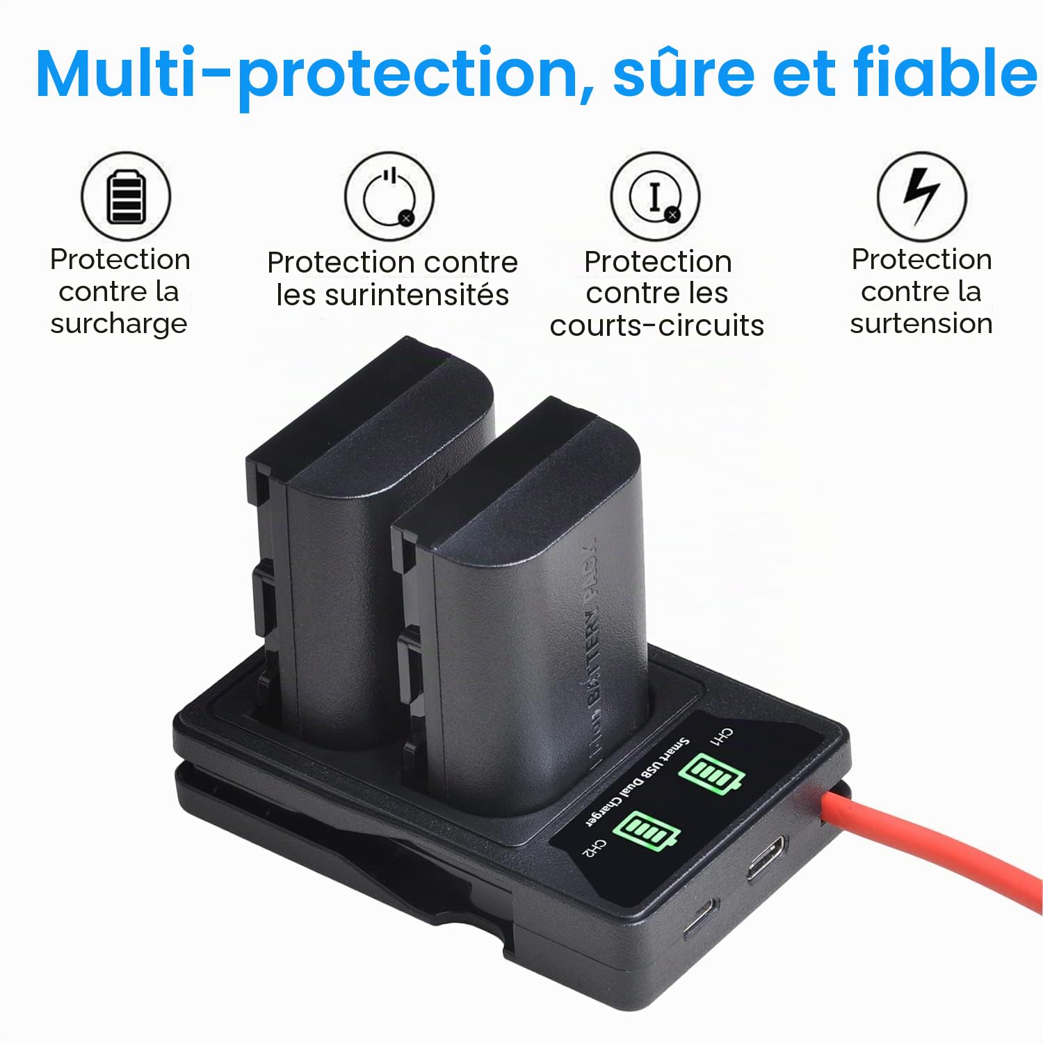 DuraPro Lot de 2 batteries LP-E6 + Chargeur USB intégré avec LED et port Type C pour Canon LP-E6, LP-E6N et Canon EOS 5D Mark II/III, 5DS, 5DS R, 6D, 7D, 70D, 80D, XC10, appareils photo Blackmagic 4K