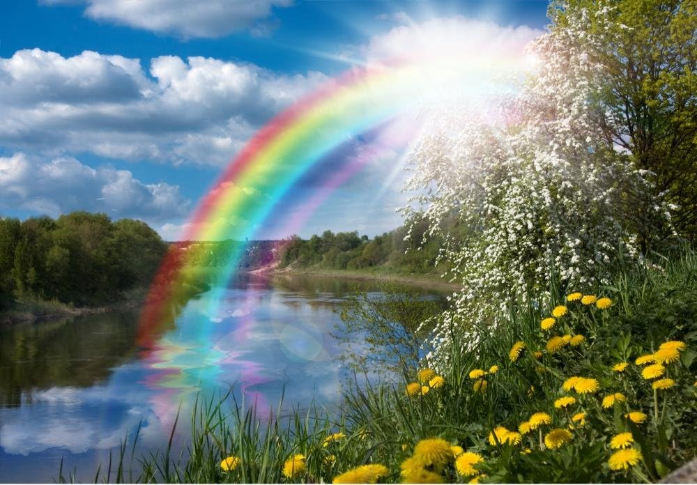 Wallmonkeys Landscape with a Rainbow on The River Wall Decal Peel and Stick Graphic WM276598 (24 in W x 17 in H)