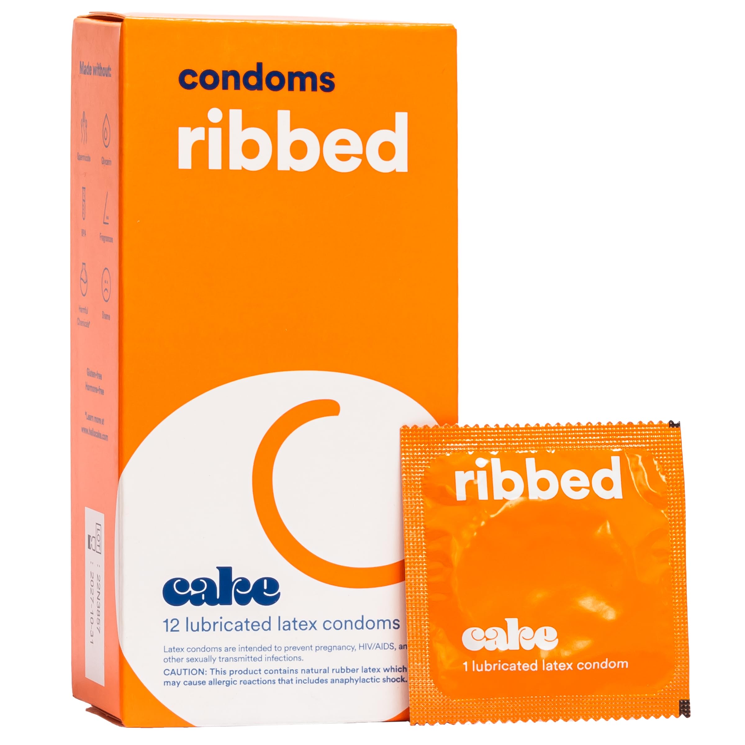 Hello Cake Ribbed Condoms, Premium Silicone Lubricated Latex Condoms with Stimulating Ribbed Texture for Men, BPA Free, Fragrance-Free, Glycerin Free – 12 Count