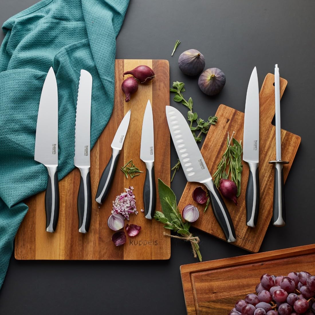 Kuppels Küchenmesser-Set 3-tlg., Kochmesser, Brotmesser, Allzweckmesser | Schwarze ABS-Griffe und hochwertiger MoV-Stahl 50CrMoV15 sorgen für optimale Balance, Griffigkeit und Langlebigkeit
