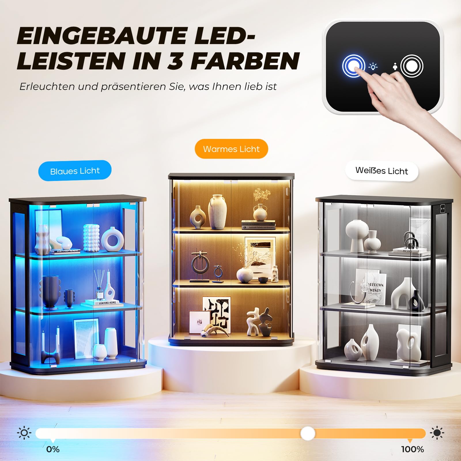 BROTTAR 3-stöckige runde Vitrine mit Glastür, 3-farbige Beleuchtung, Bewegungssensor, durchgehend transparenter Schrank für Sammlerstücke, Spielzeug & Bücher (Schwarz)