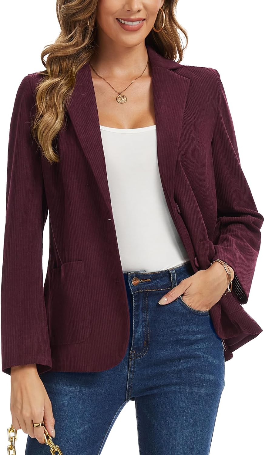 Women's Corduroy Blazers Casual Long Sleeve Notch Lapel Work 2-Button Open Front Blazer Jackets Pockets - Image 7