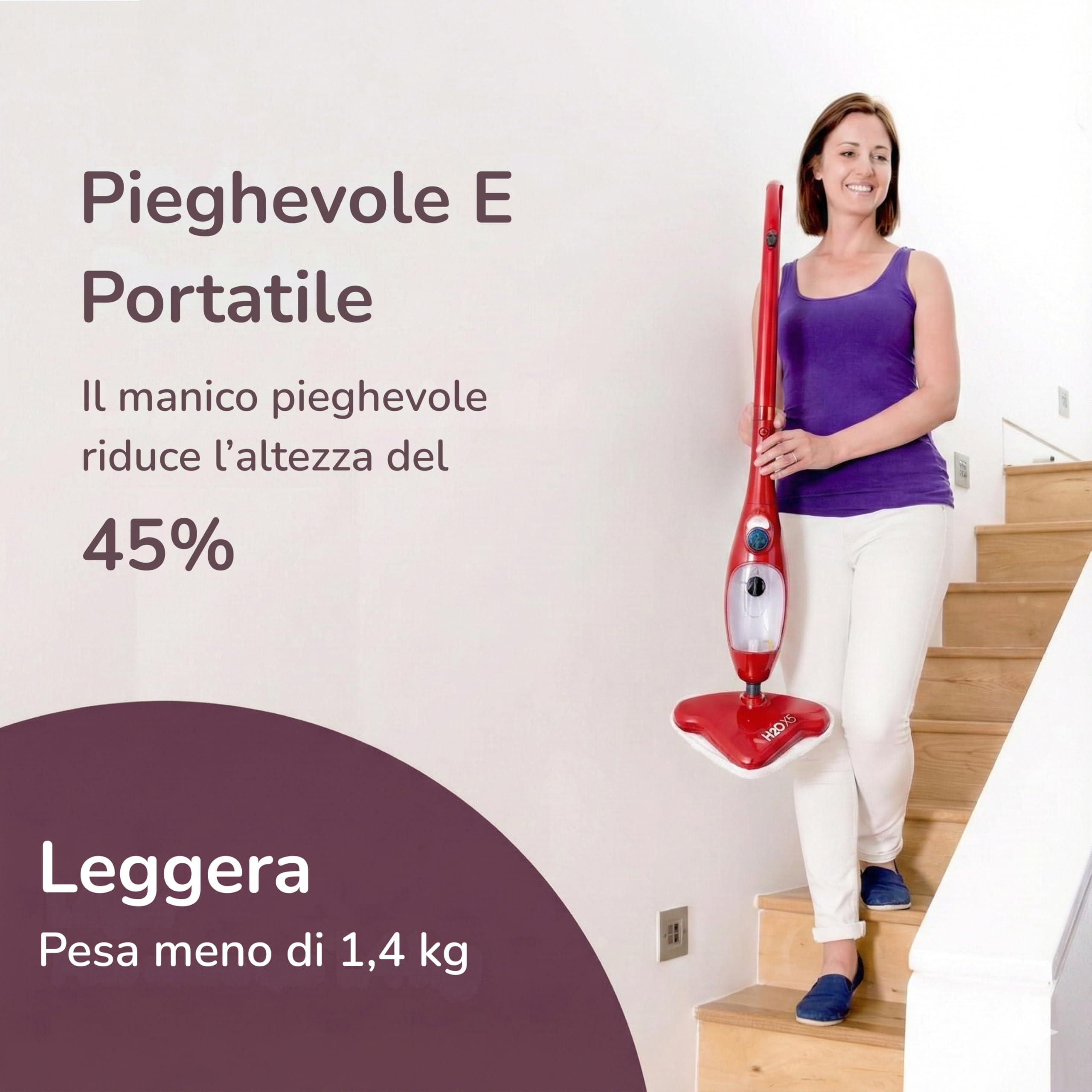 H2O X5+ Scopa A Vapore 2 In 1 E Pulitore Portatile Rosso – Lavapavimenti Multifunzione Tappeti Vetri – Pronta In 15 Secondi – Accessori Inclusi