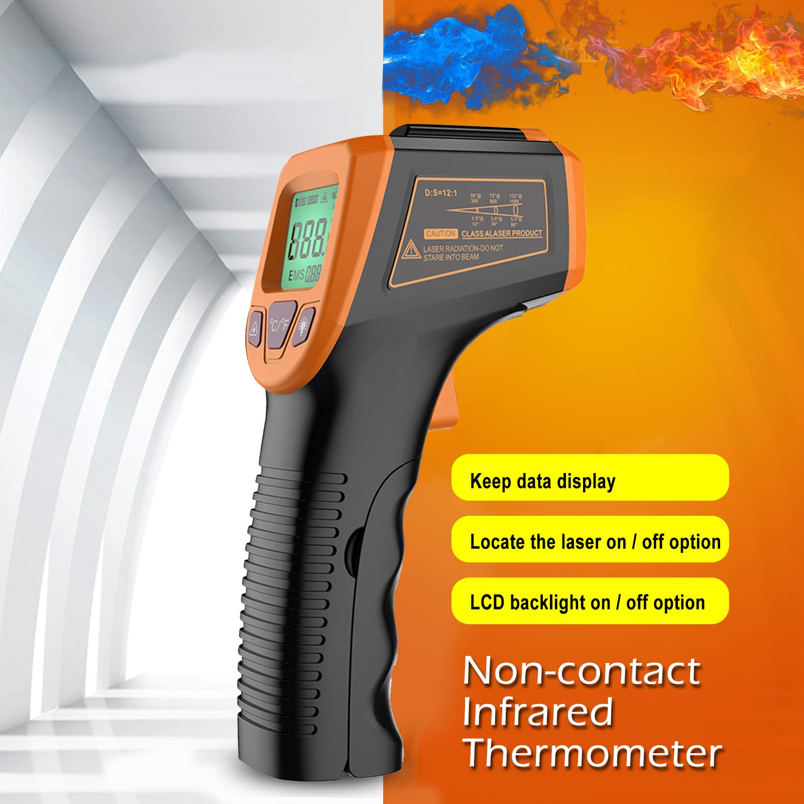 Termometro a infrarossi contatto zero digitale portatile con display LCD retroilluminato Emissività regolabile Gamma di temperature ampia Alta precisione per uso industriale
