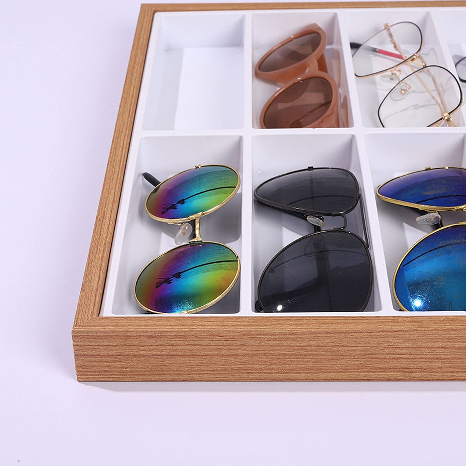Support à Lunettes Organisateur d'affichage de lunettes en bois, 7/12/18 compartiments, ouvert sur le dessus, boîte de rangement for lunettes de soleil, support de plateau for lunettes Présentoir De L
