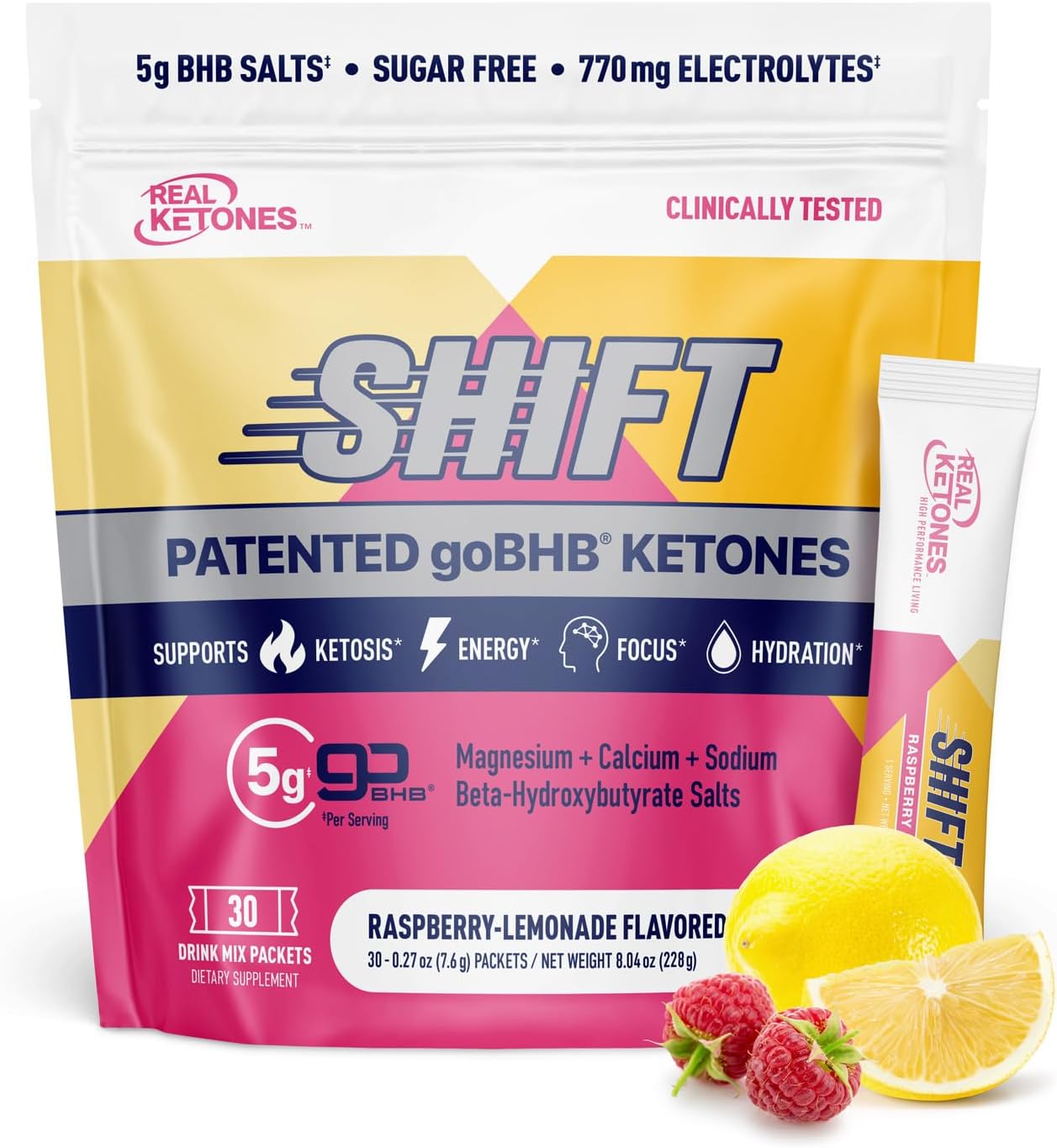 BHB Exogenous Ketones Drink Mix Packets | Electrolytes Powder Packets No Sugar, 4 Main Fasting Electrolytes Plus Hydrating Patented Keto BHB - 30 Count Raspberry Lemonade