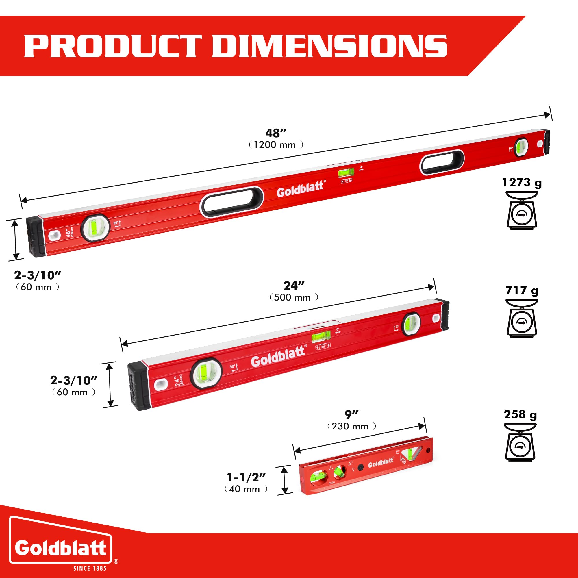 Goldblatt Level Set - 3 Piece Torpedo Level -8