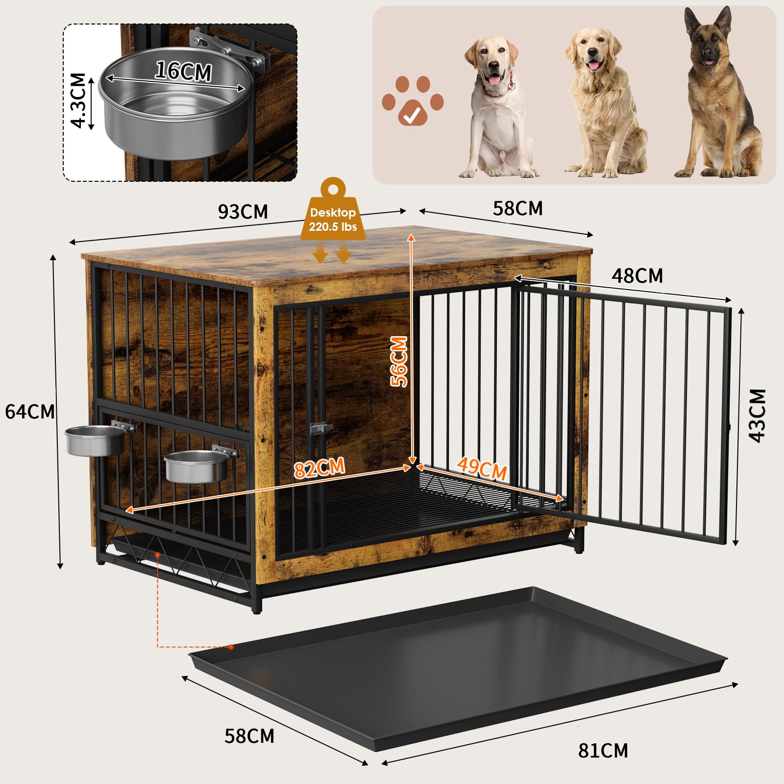 MAMIZO Gabbia per Cani Interno 93x64x58 CM, Tavolino, Armadietto, Casetta per Cani con 2 Ciotole e Porte, Kennel Cane con Vassoio Estraibile, gabbia cane Medio Piccolo, Colore Legno