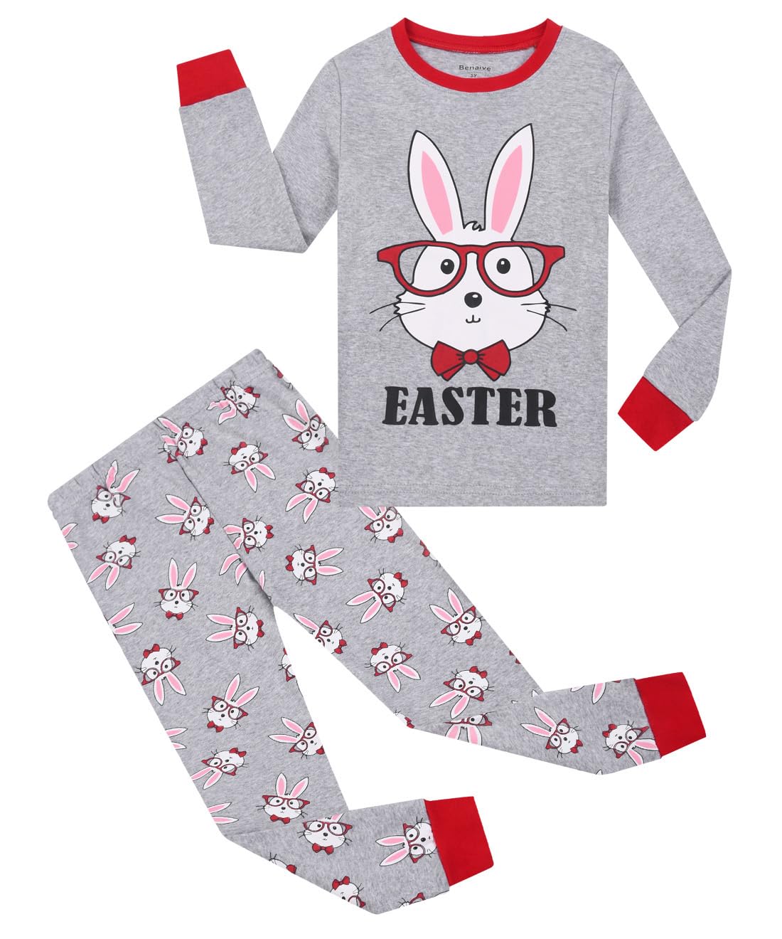 Benaive Kids Easter Pajamas Boys Girls Bunny Easter Pjs Long Sleeves Set 100% Cotton Novelty Children Sleepwear 2 Pieces