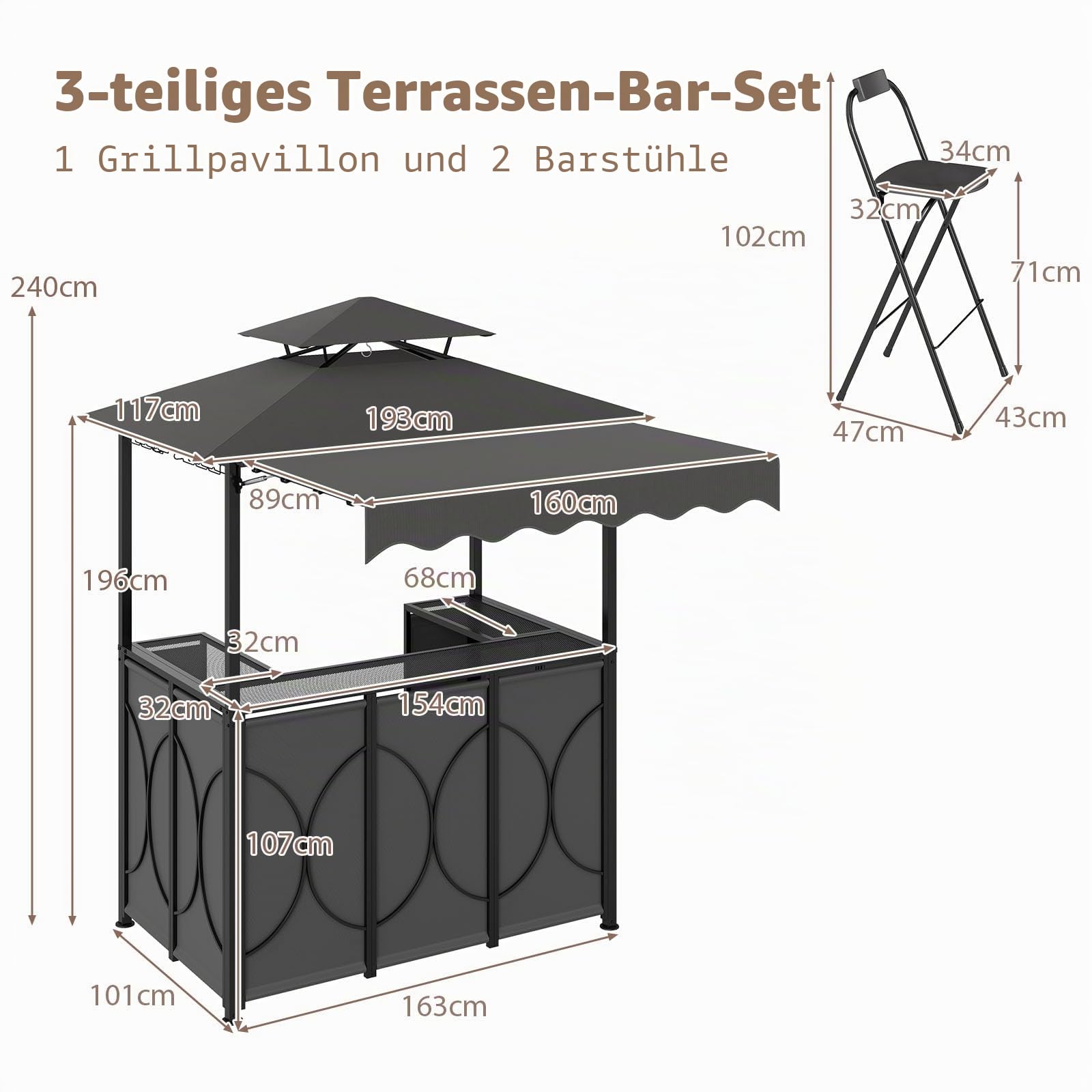 HOMASIS Grillpavillon mit Bartisch und 2 Hockern, strapazierfähiger Outdoor-Pavillon mit Doppeldach, regen- und feuerfeste Pergola (Grau, mit Seitenzelt, 193 x 117 x 240 cm)