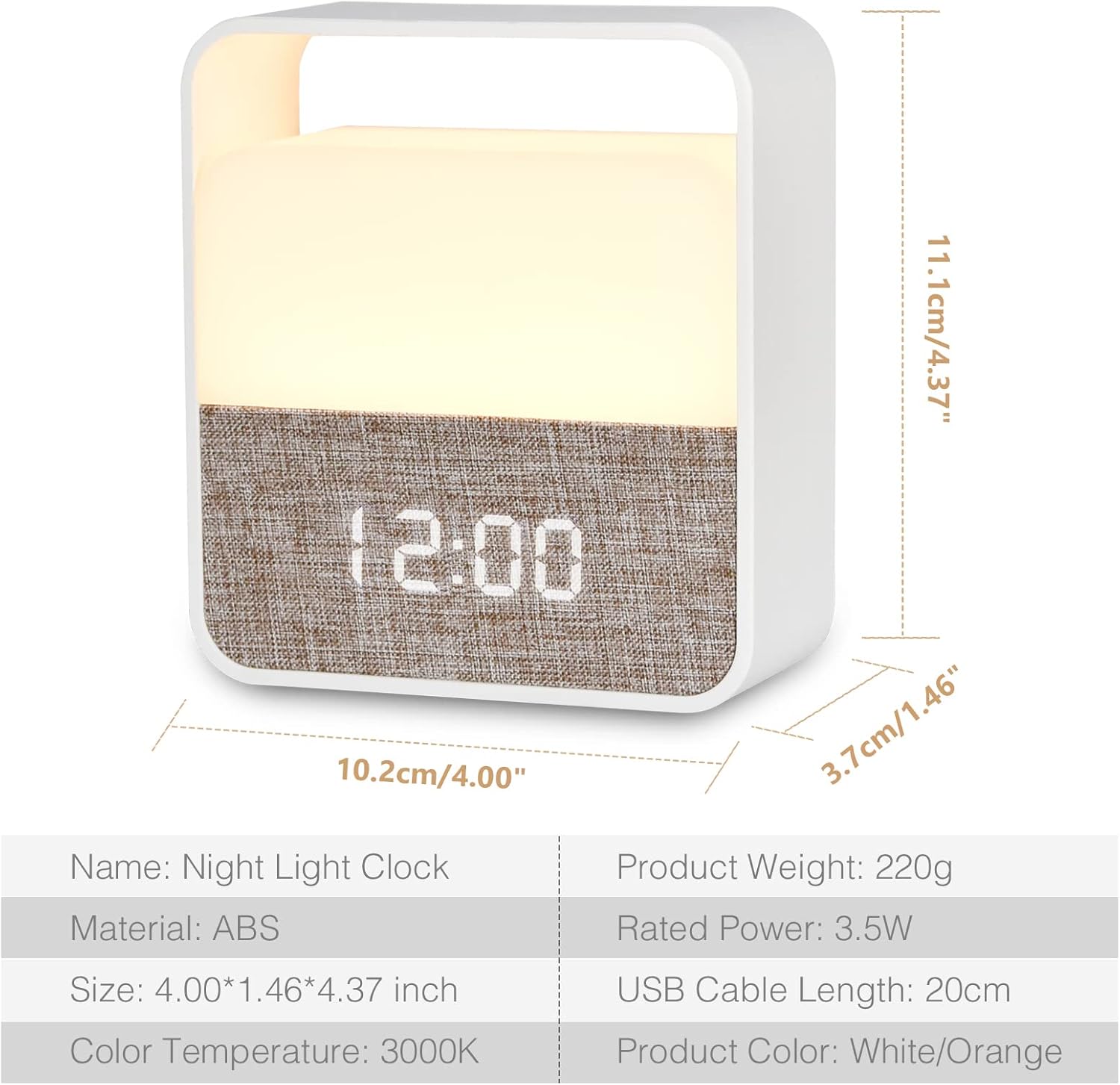 Kintion Night Light Clock with dimensions and product specifications table.