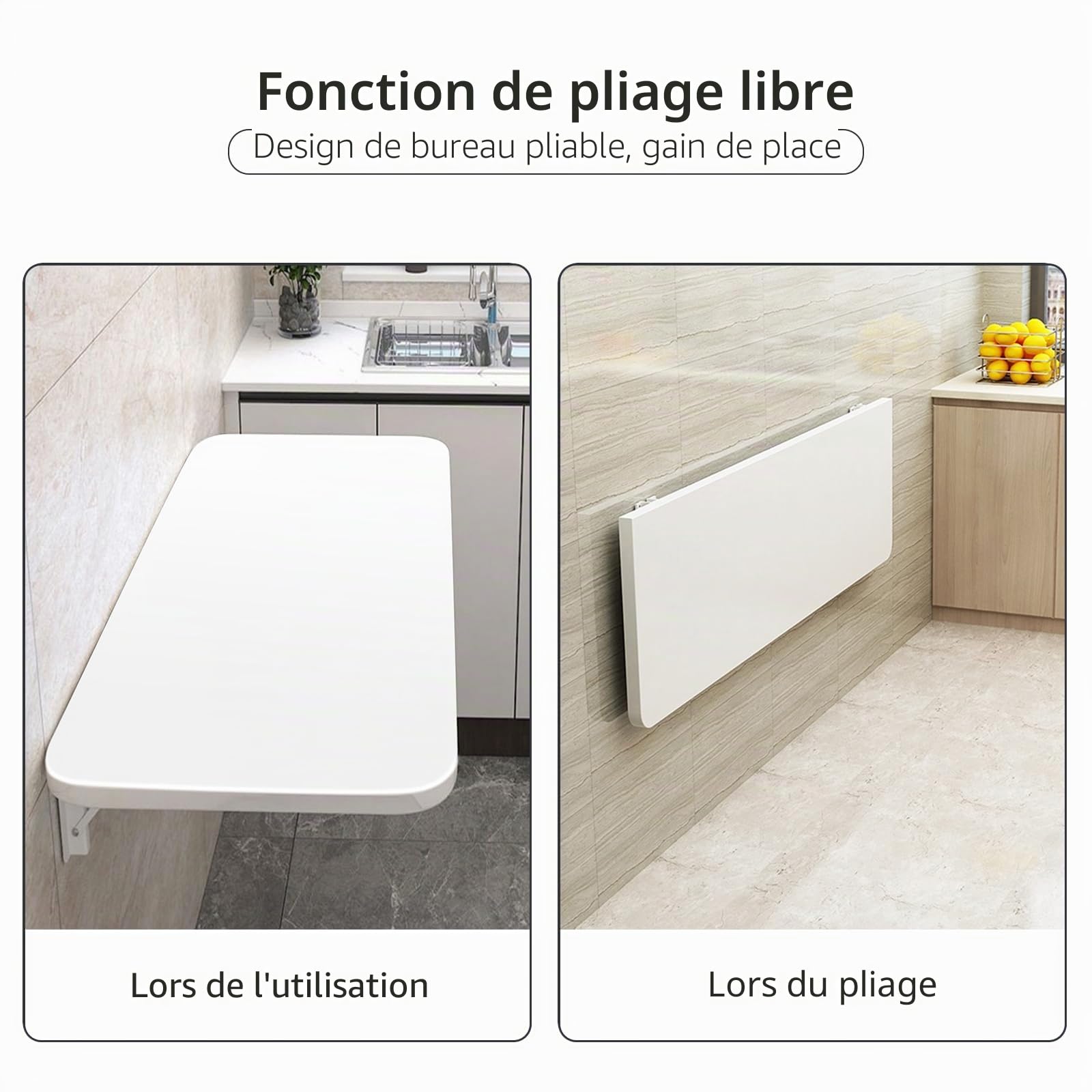Table Murale Rabattables, Table de Cuisine Pliante, Table de Salle à Manger pour Maison Cuisine, Bureau D'ordinateur Flottant en MDF (80 * 50 * 1.6 cm, Blanc)