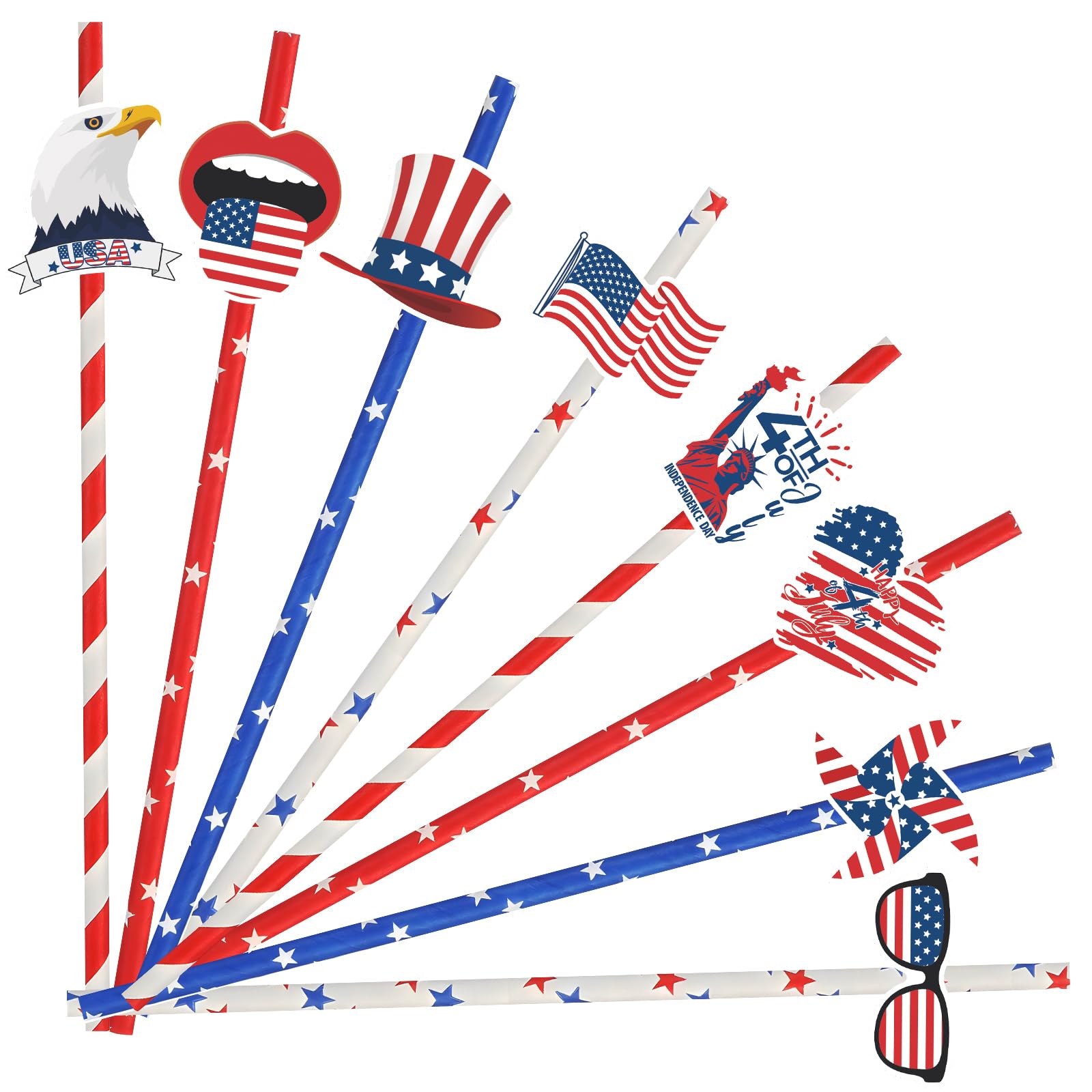YQUQWN, 24 Pcs 4th of July Paper Straws, Red White and Blue Straws for 4th of July Decorations, Disposable Drinking Straw for Memorial Patriotic Day Party Celebration Supplies, Fourth of July Decor