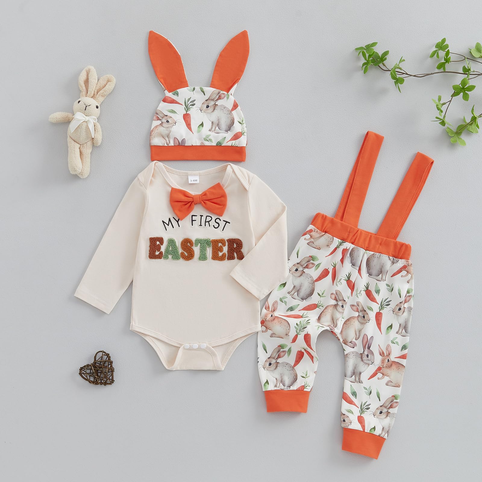 Ayalinggo My First Easter Baby Boy Girl Outfit Newborn Bowtie Long Sleeve Romper Bunny Carrot Overalls Pants Hat 3Pcs Clothes (Orange, 0-3 Months)