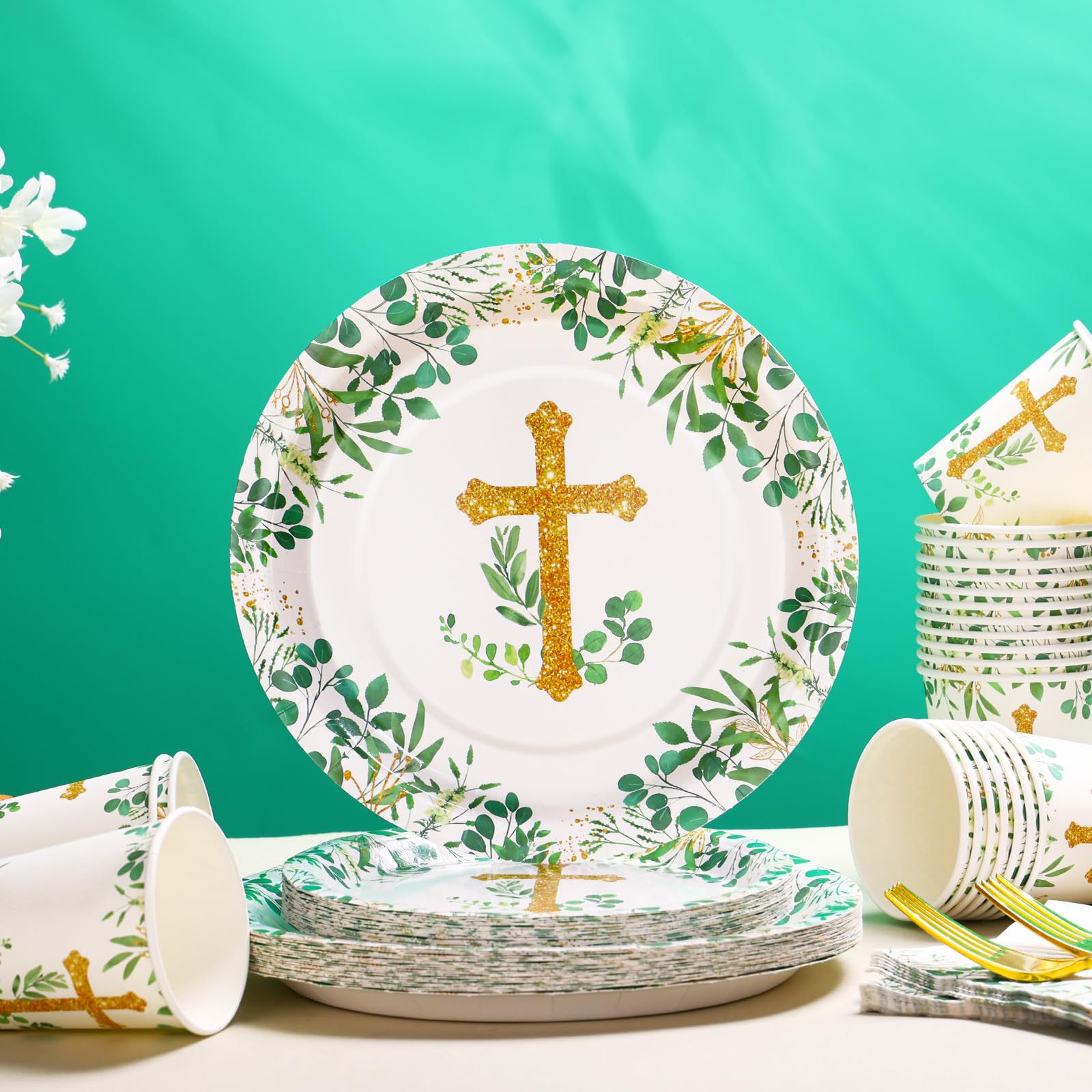 175 PCS Baptism Plates and Napkins Party Supplies - Baptism Decorations for Boys - God Bless Disposable Paper Plate First Communion Plates for Christening Baby Shower Party Decorations