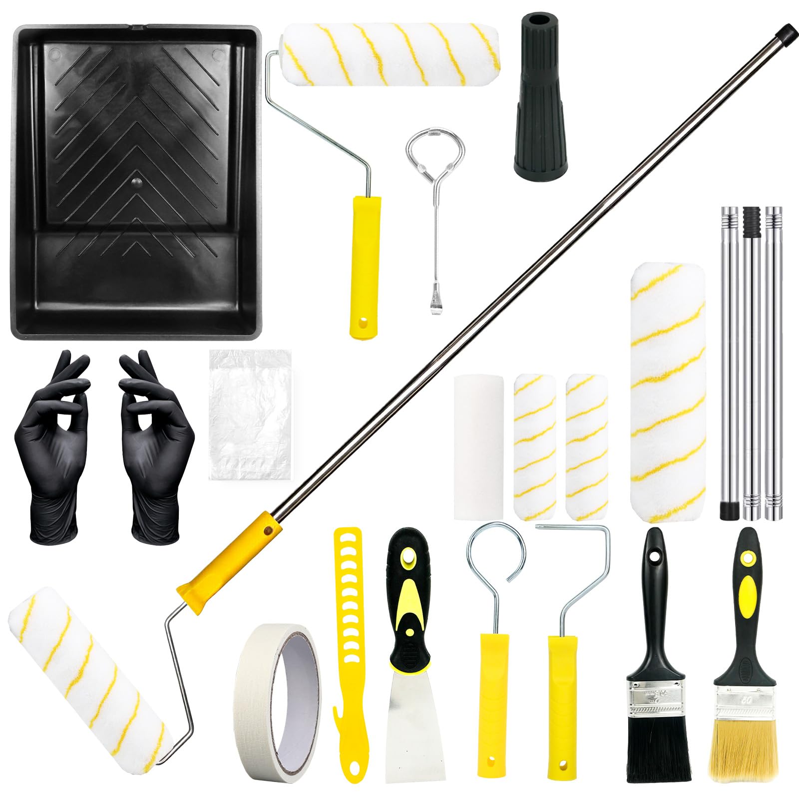 18PCS Paint Roller Set, Paint Tray Set with 9 & 4 Inch Roller Frame & Sleeves, Extension Pole Paint Tray Paint Brush Paint Stirrer Home Decorating Kit for Painting Walls Ceilings Doors Trim