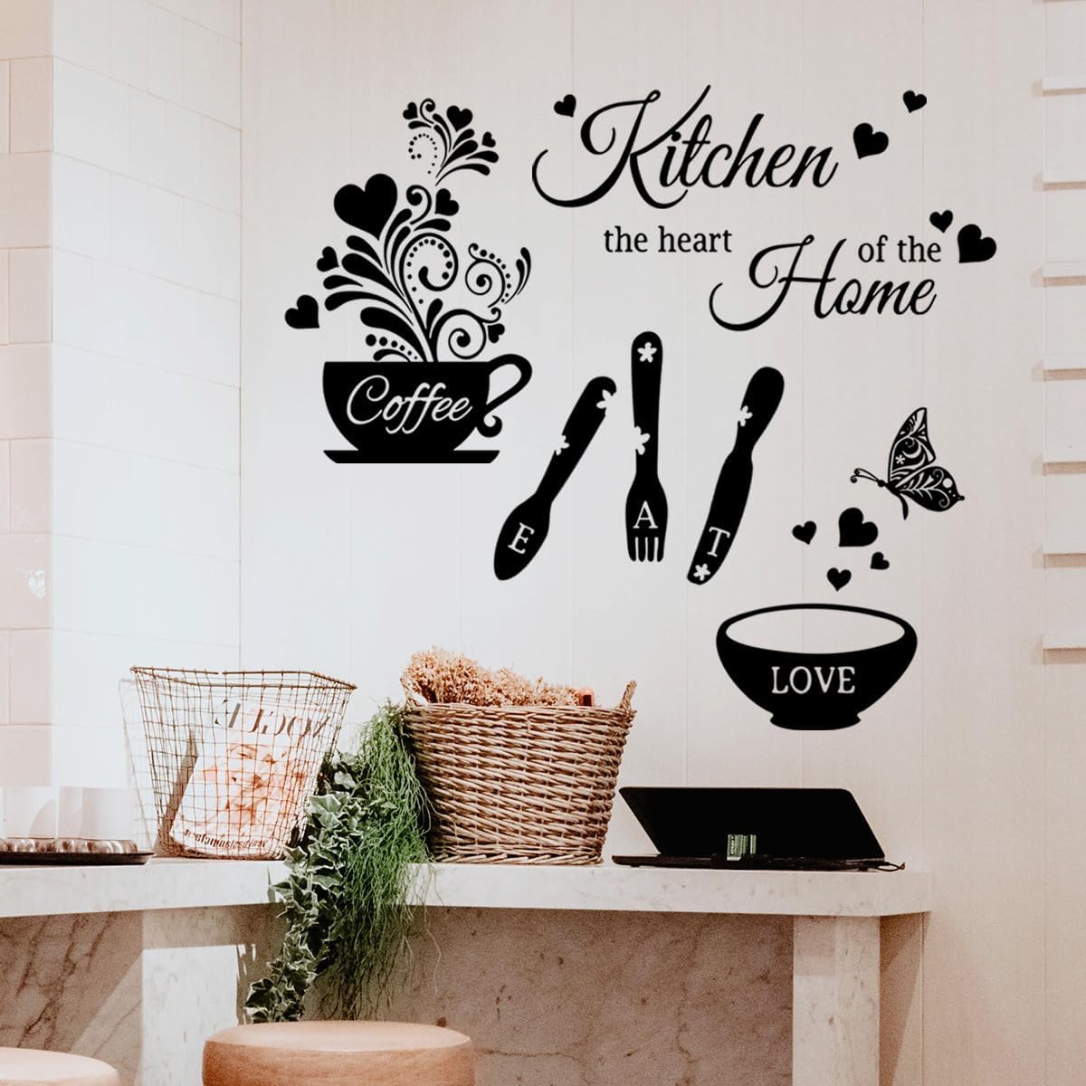 Kitchen Wall Decals Dining Room Inspirational Quotes Wall Decor Stickers Black Monotone Kitchenware Wallpaper Peel and Stick Removable Wall Murals Arts Home Wall Decorations