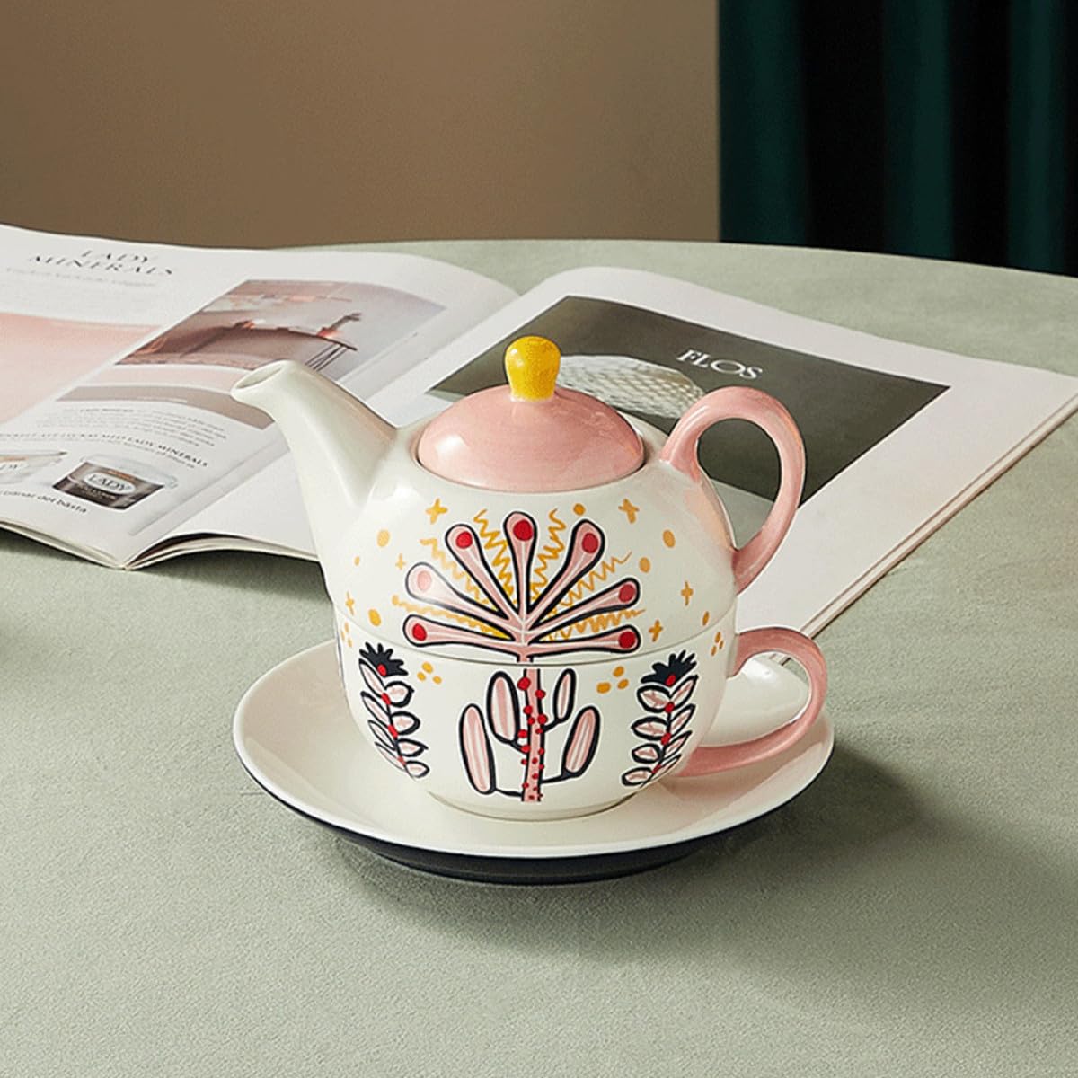 CANIGHT Service à Thé Tasse et Plateau Théière en Céramique Peinte la Main 1 Set Élégant, Pratique à Transporter, pour Pique-niques en Plein Air