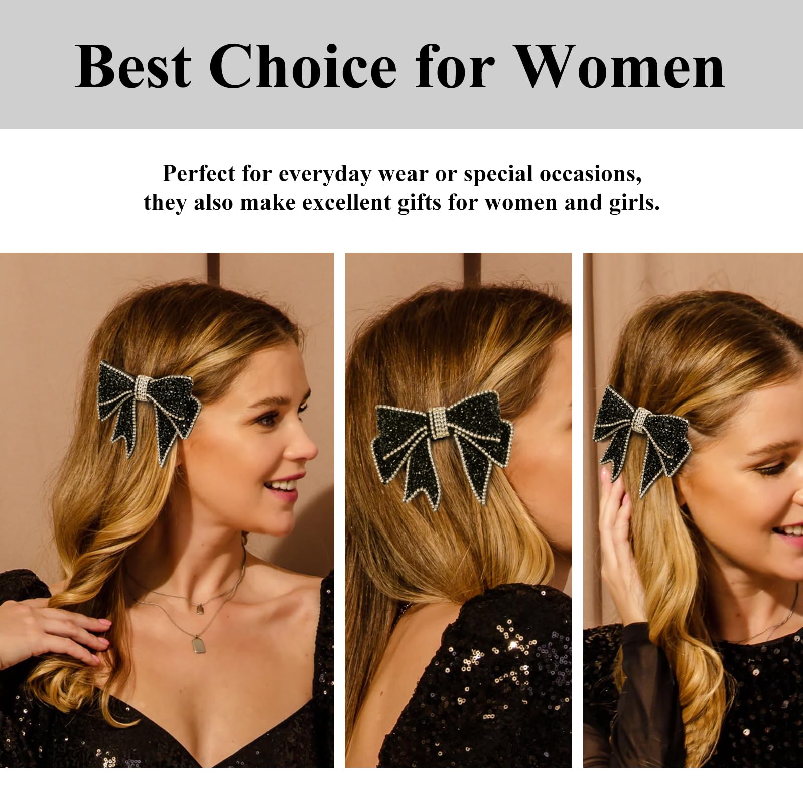 Elegant Black Hair Bow with Rhinestones black-crystal-bow-hair-clip-  main image 2