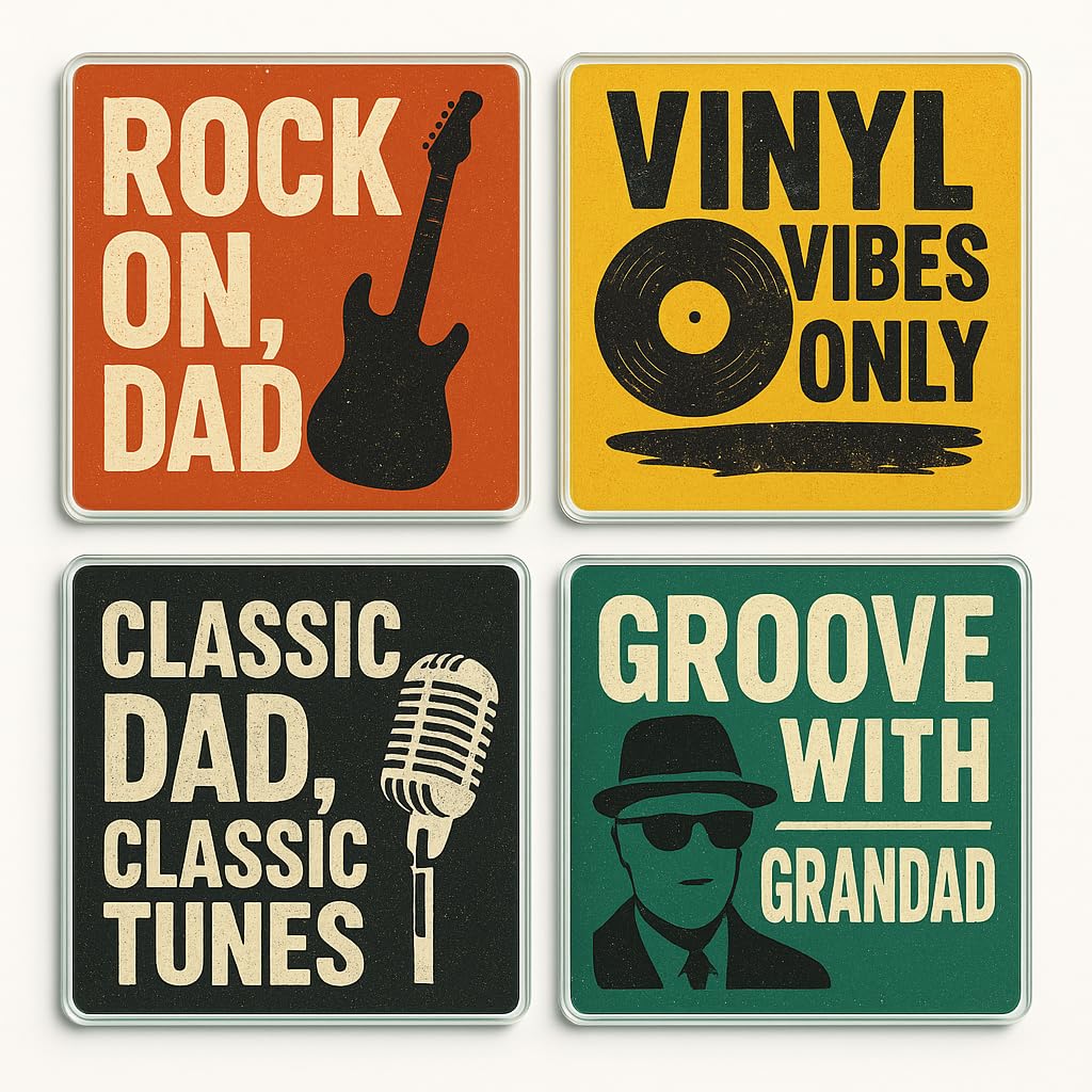 The Plum Penguin Rock Revival Vibes Acrylic Coaster Gift Set Of 4 With Uk Rock Nostalgia Design - Father's Day Pop-Art Home Bar Decor For Dad And Grandad