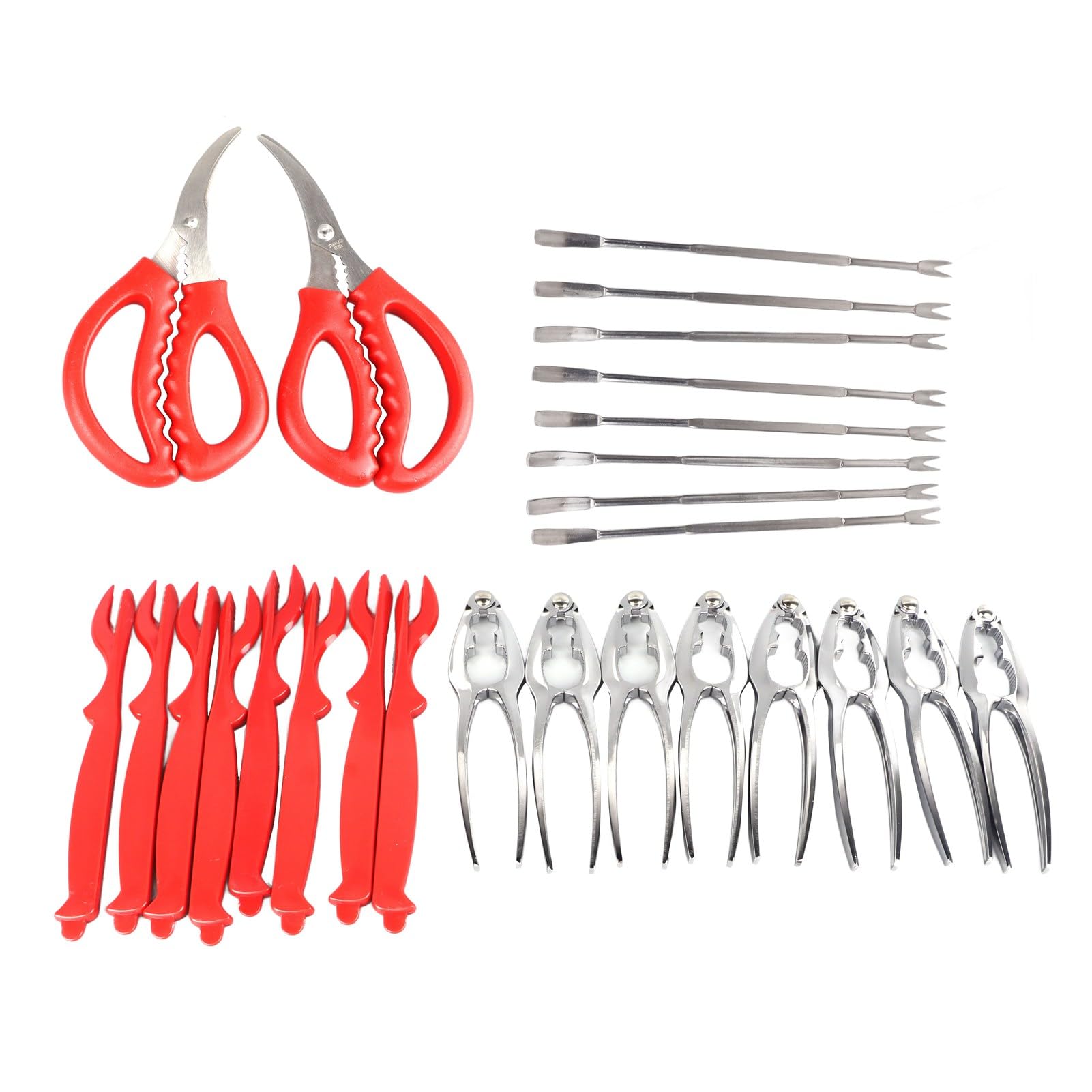 Jeu de 27 Outils pour Fruits de Mer, Casse-Noix en Métal Comprenant 8 Craquelins de Crabe 8 Décortiqueurs de Homard 8 Fourchettes à Pattes de Crabe 2 Ciseaux à Fruits de Mer Sac en Flanelle