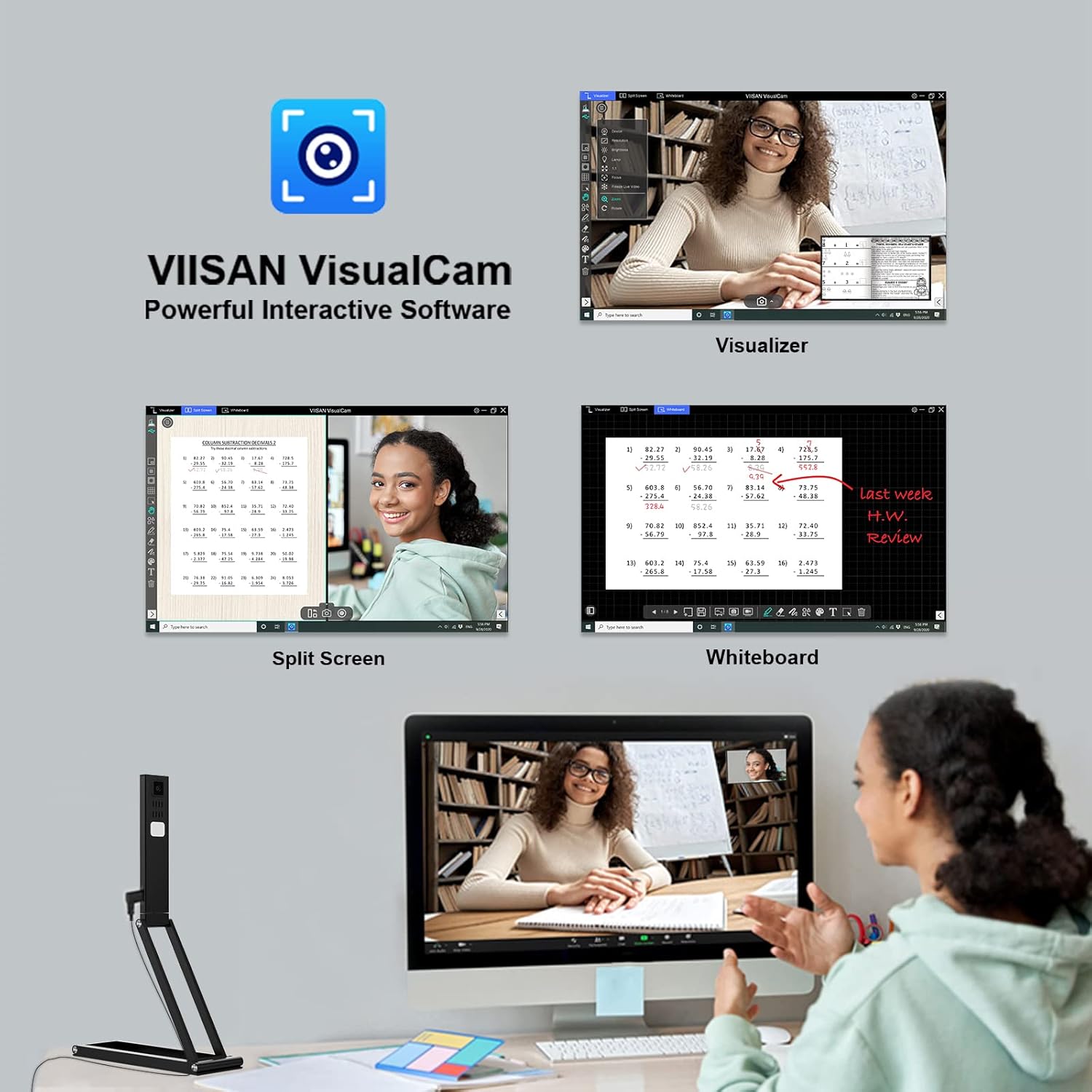 Document Camera/Webcam/Visualizer - VIISAN Plug-n-Play USB Document Webcam for Windows & Mac, Built-in Mic & LED Lights, 1944P Document Camera for Remote Teaching & Working, Video Calling & Recording