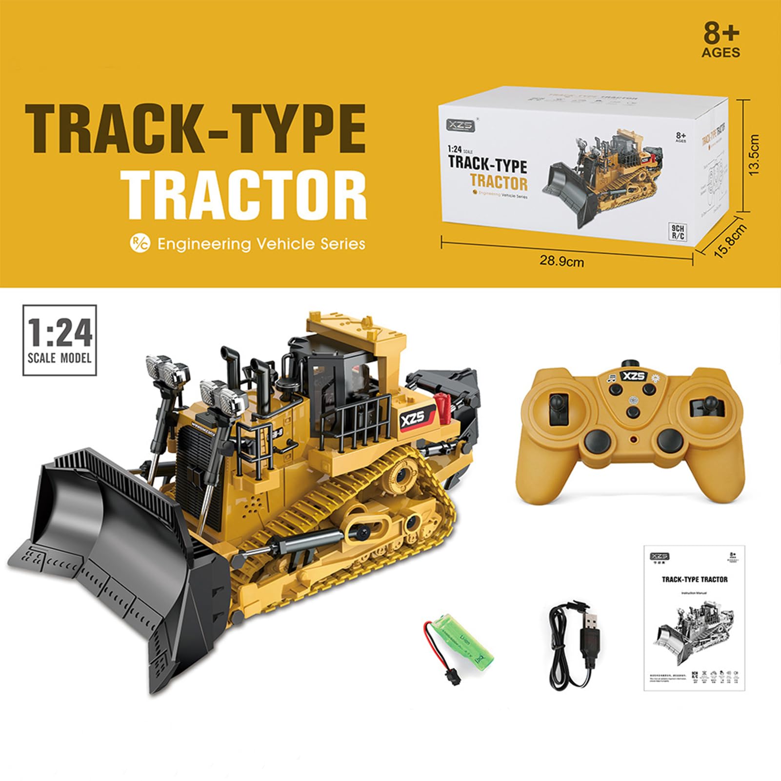 Jemora 1:24 2.4G 9CH RC Bulldozer RC Tracteur Camion Véhicules d'ingénierie de Construction avec Une démonstration clé Simulation de lumière LED Fonction sonore Jouets éducatifs pour Enfants