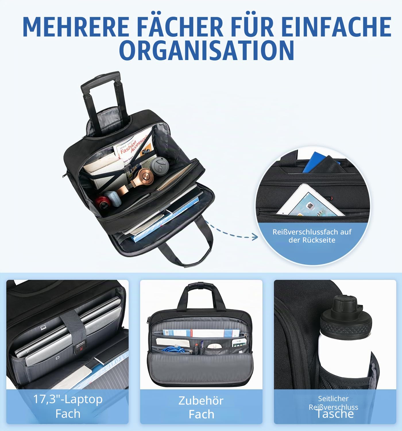 EMPSIGN Business Trolley Laptoptasche mit Rollen, Rolling Laptop Case mit Rädern bis zu 17,3 Zoll Laptop wasserdichte Aktentasche für Geschäft/Pendeln/Reisen/Schule, Schwarz
