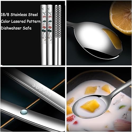 Miniatura 2 de YAPULLYA Juego de cucharas y palillos coreanos de mango largo, acero inoxidable 188, multicolor grabado láser, palillos y cuchara, juego de palillos