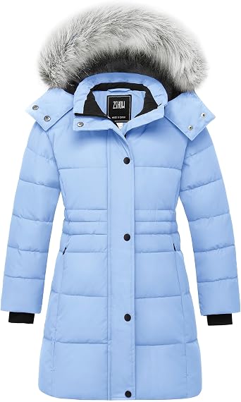ZSHOW Girls Winter Coat Long Parka Soft Fleece Puffer Jacket with Hood | Removable Hood, 5000mm Waterproof, Ribbed Cuffs, Mid-length, 2 Pockets, Machine Wash, Daily Wear, Outdoor Sports