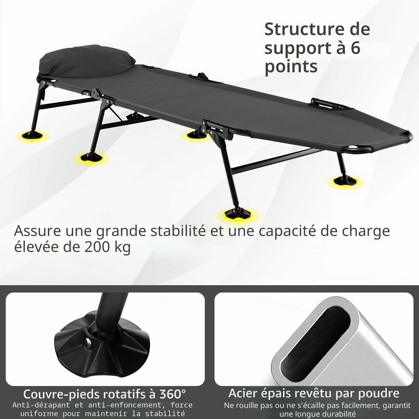 SOARS Chaise longue pliable pour pêche à la carpe - 6 positions réglables - Avec oreiller et matelas - Chaise longue stable à 6 pieds - Charge maximale : 200 kg - 194 x 66 x 29 cm
