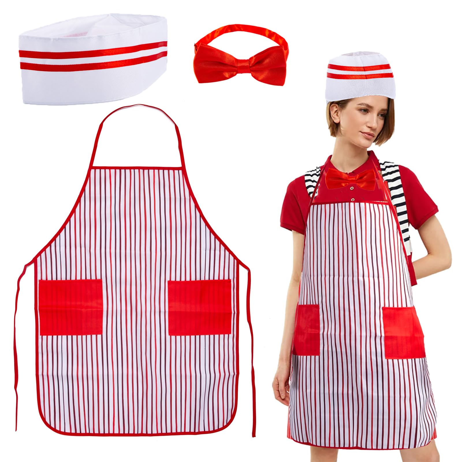 3 PCS 1950s Waiter Costume Kit, Soda Jerk Costume Kit Red and White Striped Apron Chef Hat Red Bow Ties Adjustable For Adult Movie Night Costume Cosplay Carnivals Circus Party Halloween (Style#2)