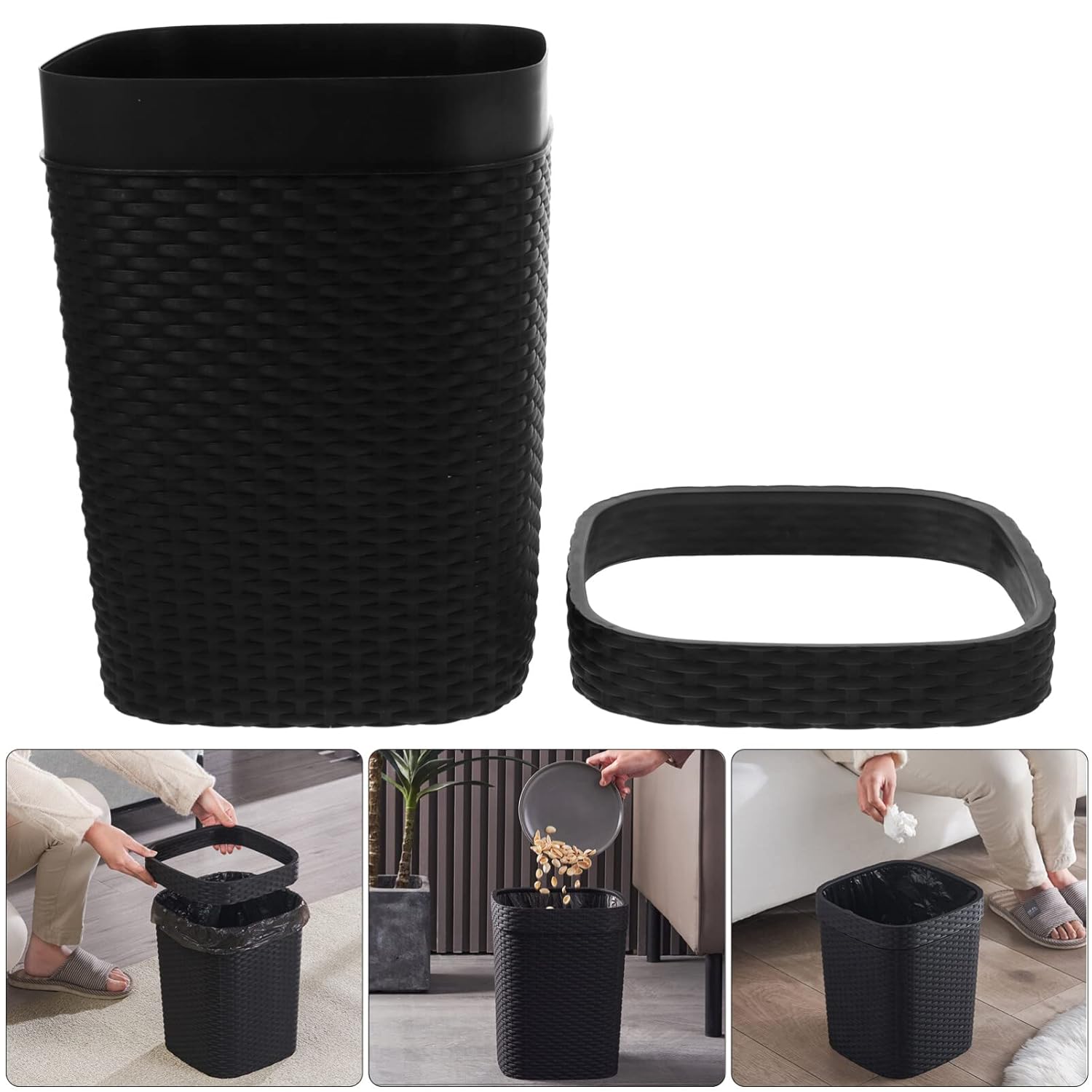 Alipis Imitation Braided Trash can 11.41X9.05X8.85In Plastic Waste Basket with Non-Slip Thick Base Large Opening for Kitchen Bathroom Home Office