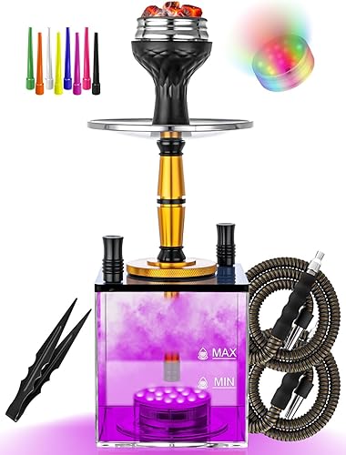 Juego de cachimba con todo tanque de acrílico micro cubo, manguera de cachimba, luz LED mágica con control remoto, cuenco de silicona de túnel,