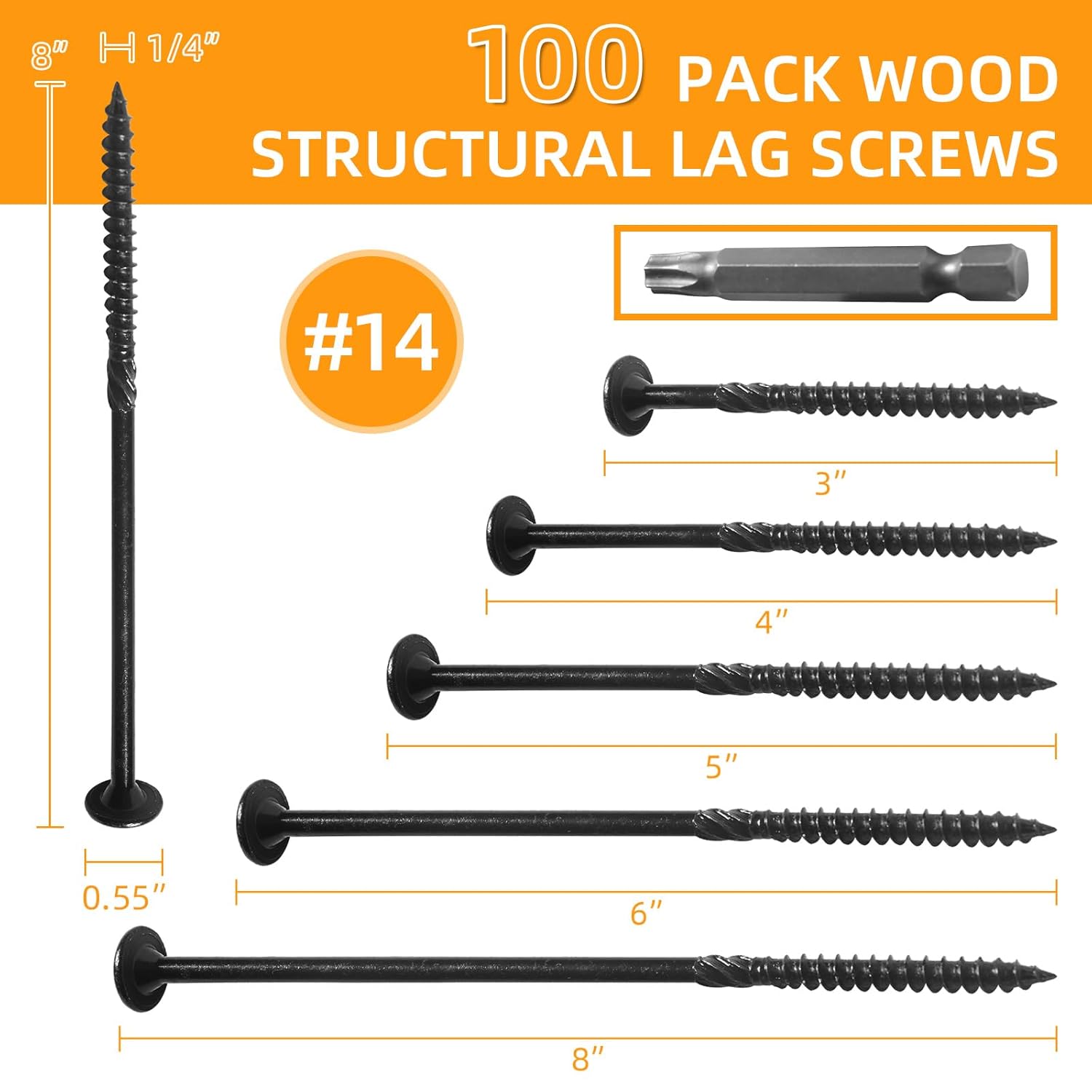 100Pcs Lag Screws #14 x 8, Structural Wood Lag Screws, Heavy Duty Exterior Construction Screw, Rust Resistant, Washer Head, Black Coated Exterior Wood Screws