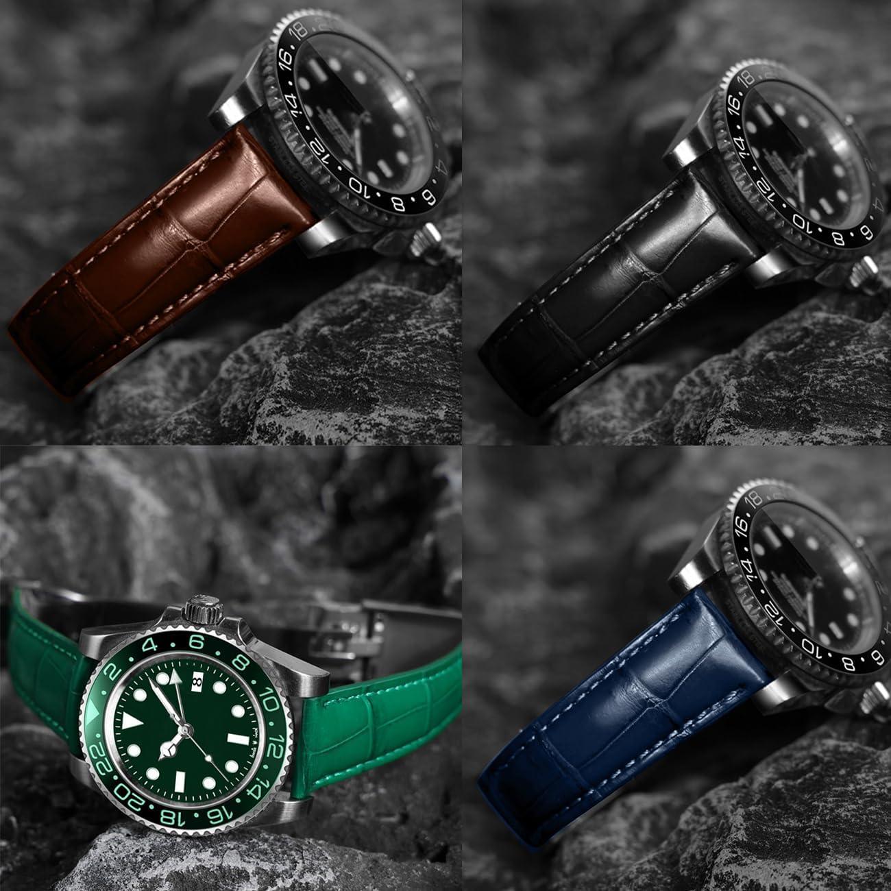 20mm Genuine Leather Watch Bands for Men Women Luxury Alligator Grain Embossed Band with Oyster Style Diving Deployment Buckle Black Brown Blue Green