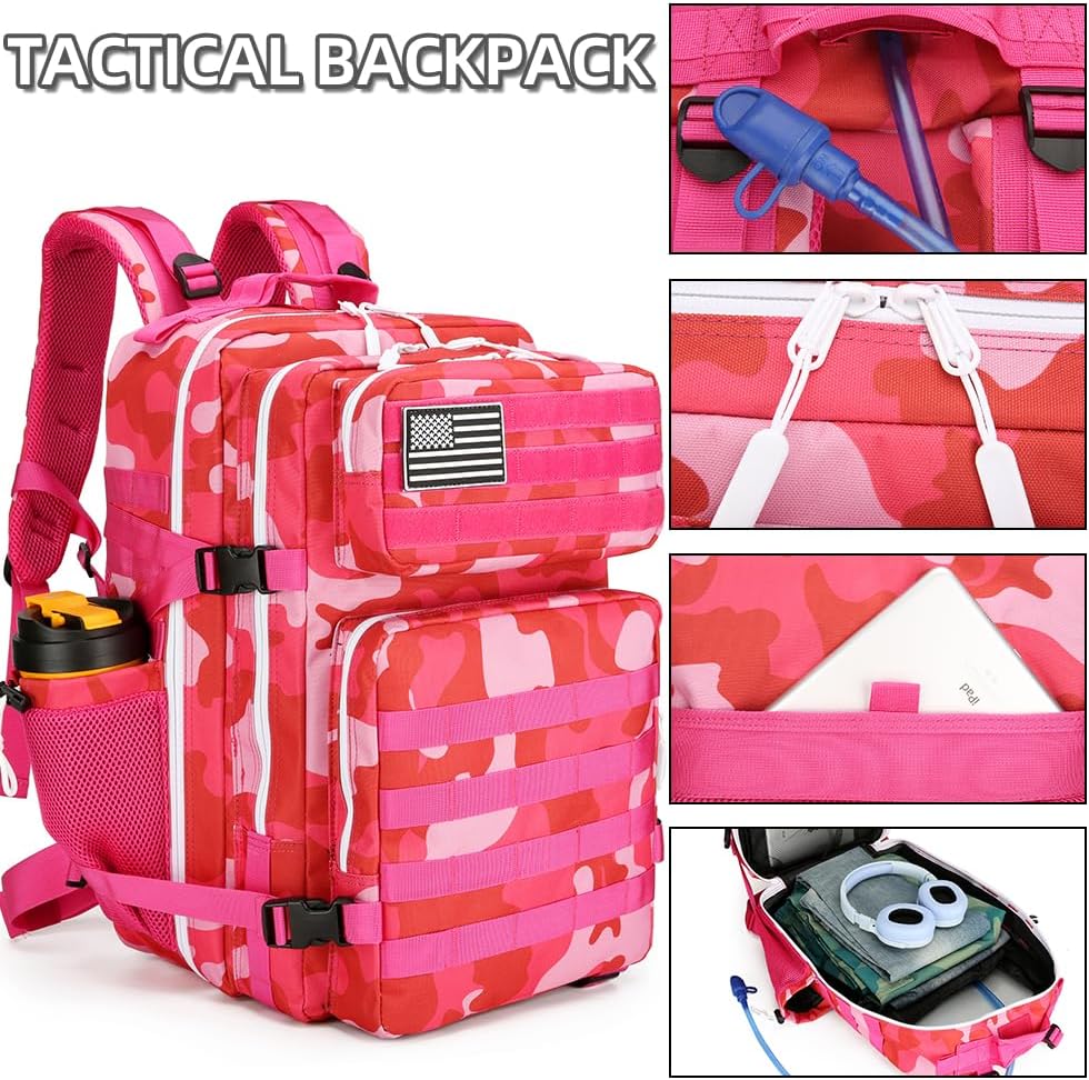 45L Military Tactical Backpacks 3 Days Assault Pack Bag Fitness Rucksack 3 Day Bug Out Bag Hiking Treeking Molle Daypack (Rose Red CP) - Image 7