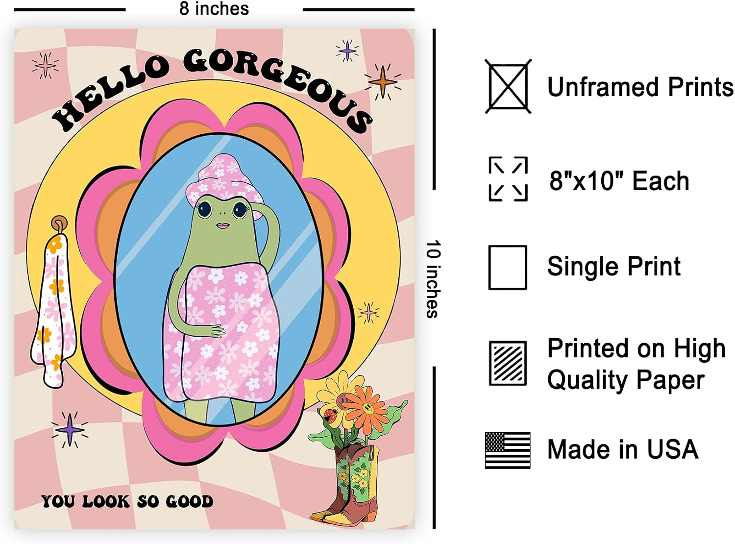 Poster Master Hello Gorgeous Poster - Retro Girly Frog Print - Positive Affirmations Art - Preppy & Encouraging Artwork - Self Love Design - Inspiring Bathroom or Bedroom Decor - 8x10 UNFRAMED